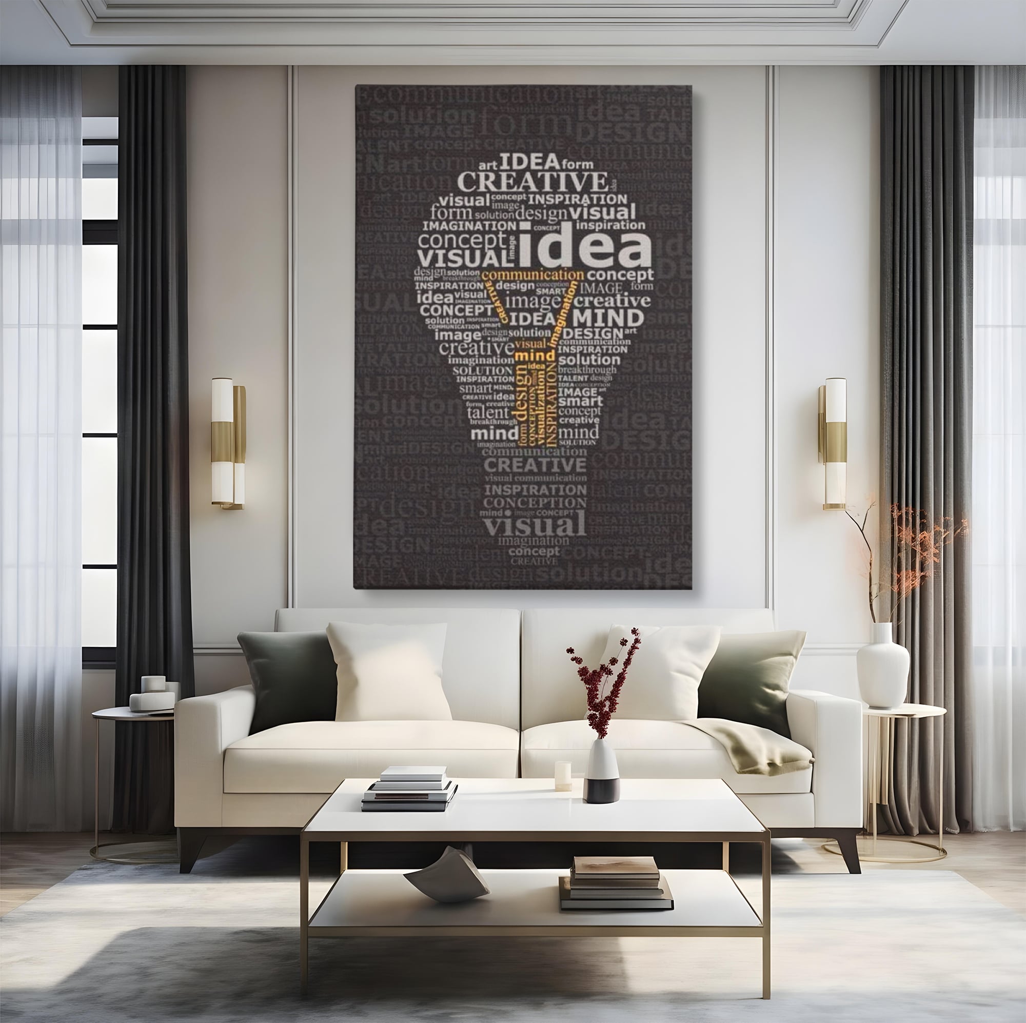 Tablou canvas cu tablou canvas cu silueta de bec formata din cuvinte, fara rama, pe sasiu de lemn, pe perete intr-un living